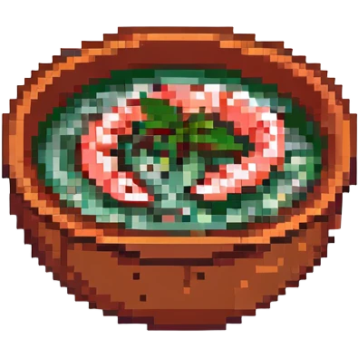 tom yum soup, pixel art, small bowl with red broth, shrimp, and green herbs, retro game vibe emoji