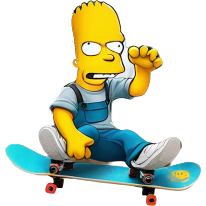 Bart Simpson, skateboard under his arm, poses in front of a graffiti-covered wall. He's giving the camera a playful smirk emoji