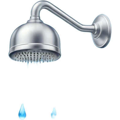 "A clean emoji icon of a silver shower head with blue water droplets falling downward in streams and steam wisps rising, minimal flat design, bright and refreshing colors, transparent background" emoji