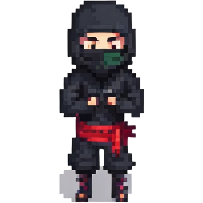 pixel art ninja character, simple and bold, black outfit, mask, dynamic pose emoji