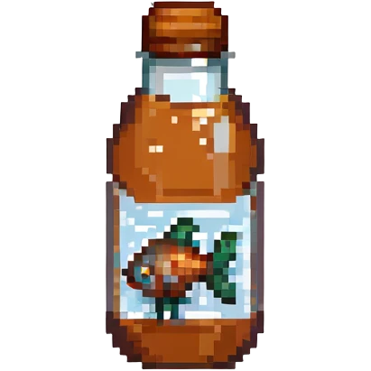 pixel art fish sauce bottle, small size, clear bottle, brown liquid, retro video game vibe emoji