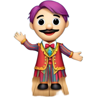 Icon for Puppet Theater: a puppet on strings with theatrical curtains in the background, along with a small stage and dramatic lighting. The icon should represent the whimsical and artistic nature of puppet performance. Transparent background. emoji