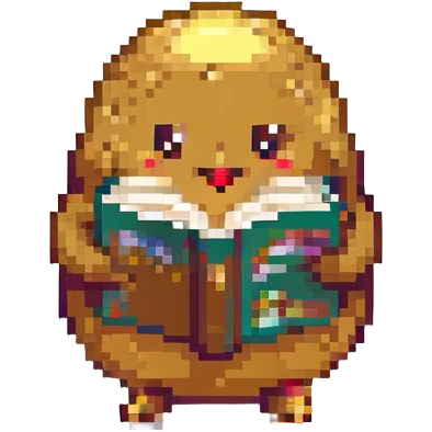 a pixel art style potato reading a book emoji
