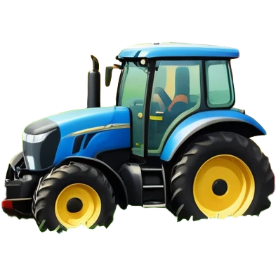 An icon representing a farming simulator, with a detailed tractor plowing fields under a bright sky with bright rural landscape. The design includes farming tools, crops and barns, symbolizing the immersive experience of managing a farm. Transparent background. emoji