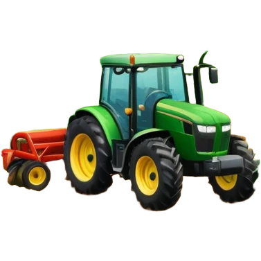vibrant rural landscape with a tractor plowing fields, inspired by Farming Simulator 22. The design includes lush green fields, a barn, and a scenic countryside with trees and mountains in the distance. Transparent background emoji