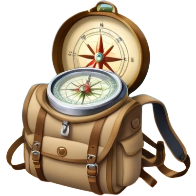 Icon for Expeditions: a compass, a map, and a backpack with trekking gear, set against a backdrop of snowy mountains, sand dunes, and tropical islands. The icon should represent the spirit of adventure and exploration in diverse landscapes. Transparent background. emoji