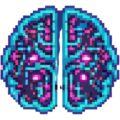 64x64 pixel art emoji of a high-tech brain, illuminated with neon blue and pink circuits, shimmering with digital light emoji