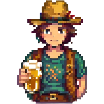 guy with a hat drinking beer, pixel art style emoji