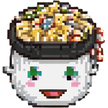 pixel art emoji of a popcorn bucket with a smiling face emoji