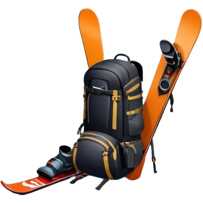 Icon for Mountain Tourism: a snow-covered peak in the distance, with skis, a snowboard, climbing gear, a backpack, and a camera. The icon should represent the adventure and exploration of mountain landscapes. Transparent background. emoji