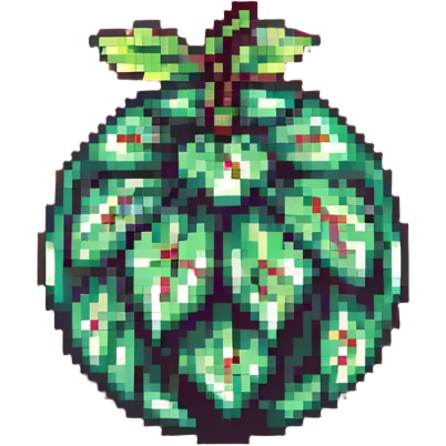 Green digital bomb animation frame 1, round bomb body with green highlights, full-length leaf-shaped fuse at top, nature-inspired design, pixel art style emoji