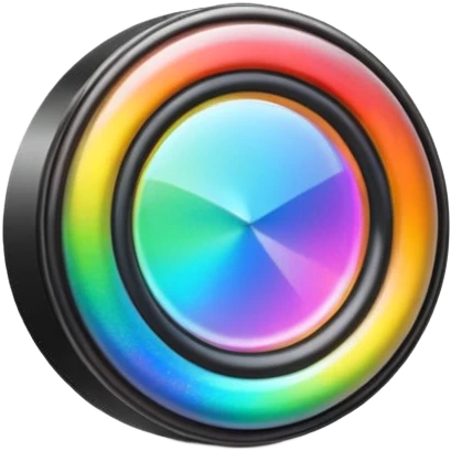 A speaker emoji 🔊 with a smooth CD-like surface that reflects rainbow iridescent colors, glowing RGB light ring around the edge, shiny plastic body, prismatic reflections shifting across the front, soft sparkles and light gleams, holographic sheen, clean simple shape, bright colorful highlights emoji