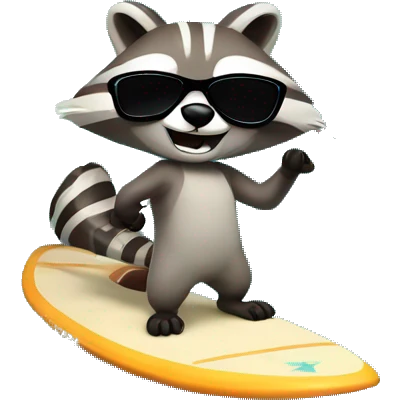 A racoon with sunglasses on a wave with a surfboard emoji