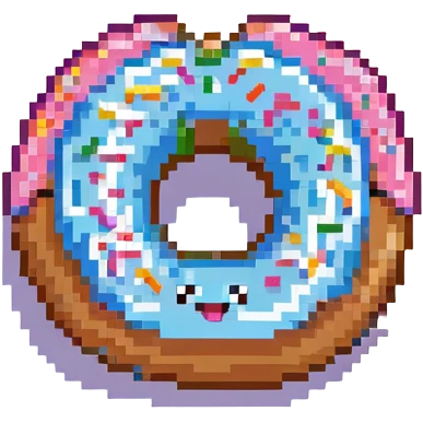 kawaii donut with rainbow sprinkles and happy face, floating in a dreamy cloud background, pixel art style emoji