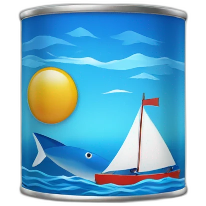 Realistic small can of tuna showing a blue sailling boat on a sea background emoji