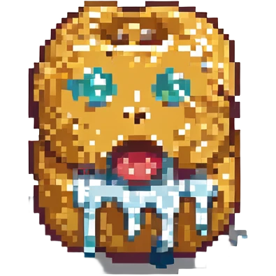 an exhausted tater tot, sweat drops, mouth open, pixel art style emoji