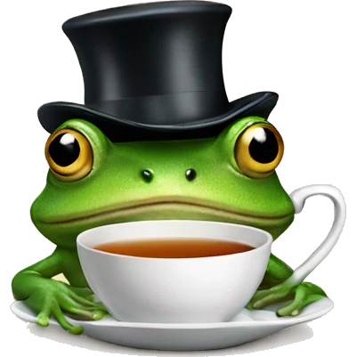 Frog sipping on tea, wearing tophat emoji