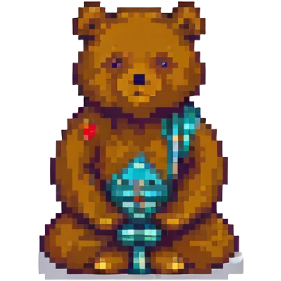 pixel art meditative bear, retro style, warm muted colors, subtle grain, nostalgic aesthetic emoji