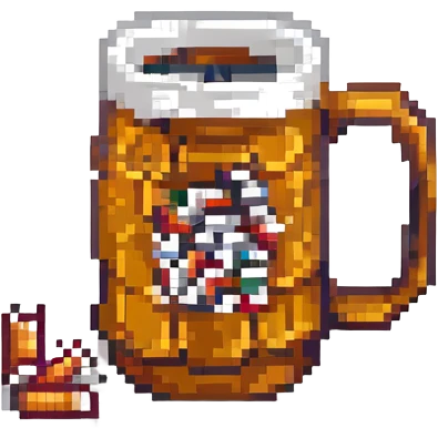 Add a few cigarette butts resting on the rim or near the base of the classic beer mug in pixel art style. Keep the background transparent. emoji