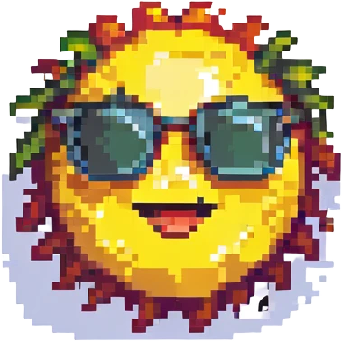 a smiling sun with sunglasses, pixel art style emoji