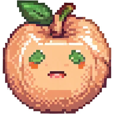 pixel art of a peach emoji styled as a butt, with bright colors and a cheeky expression emoji