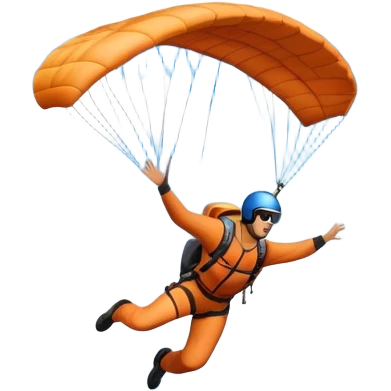 A base jumper soaring through the sky, with a parachute deployed, gliding over a dramatic cliffside or tall building. The background showcases a vast landscape below, with clouds and open skies, emphasizing the adrenaline and freedom of the sport emoji