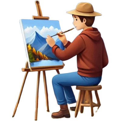 Artist painting a beautiful autumn mountain peak destination on canvas emoji