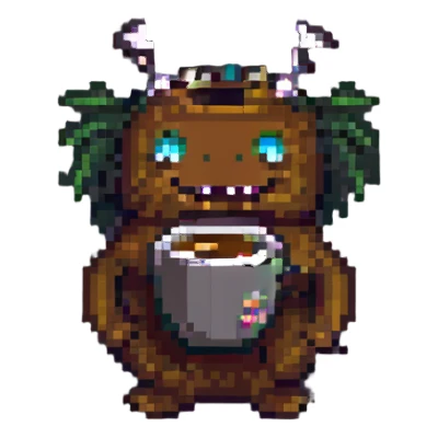 a coffee monster, pixel art style sticker