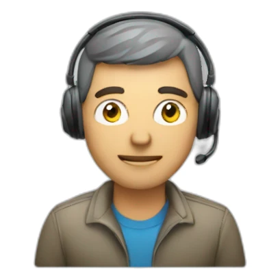 man at computer with a headset sticker