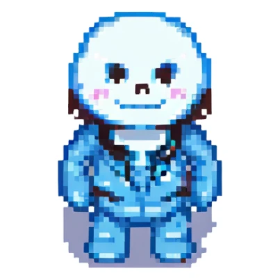Sans from Undertale smiling, pixel art style sticker
