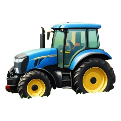 An icon representing a farming simulator, with a detailed tractor plowing fields under a bright sky with bright rural landscape. The design includes farming tools, crops and barns, symbolizing the immersive experience of managing a farm. Transparent background. sticker