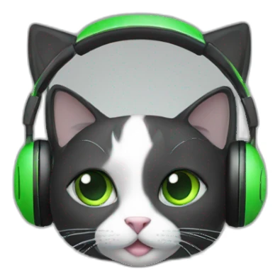 cat black and white with green eyes using a headset sticker