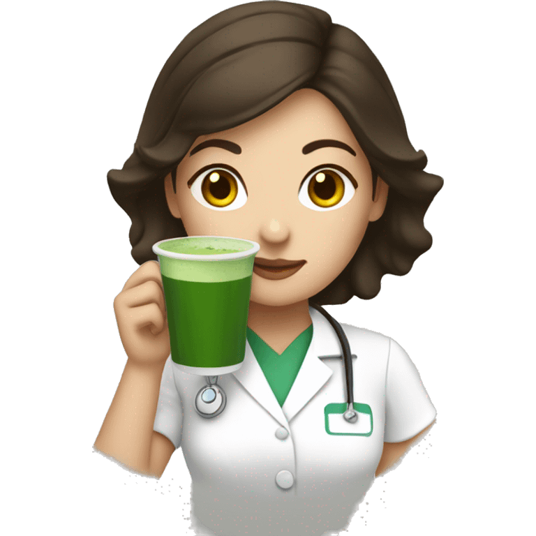 Brunette nurse drinking matcha latte emoji