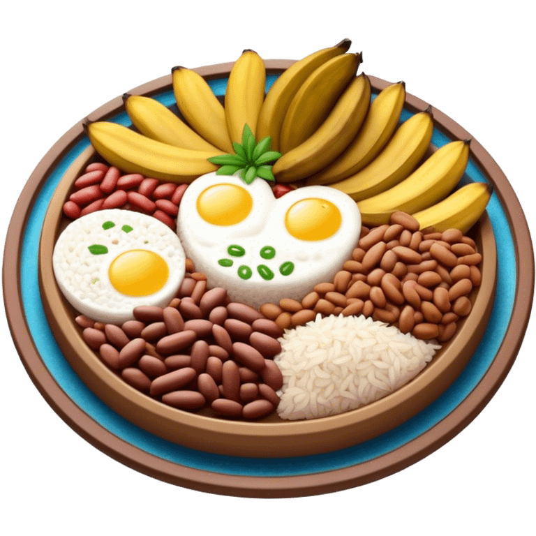 Cinematic Realistic Bandeja Paisa Dish Emoji, depicted as a hearty platter featuring beans, rice, meat, and plantains rendered with detailed textures and vibrant, robust lighting. emoji