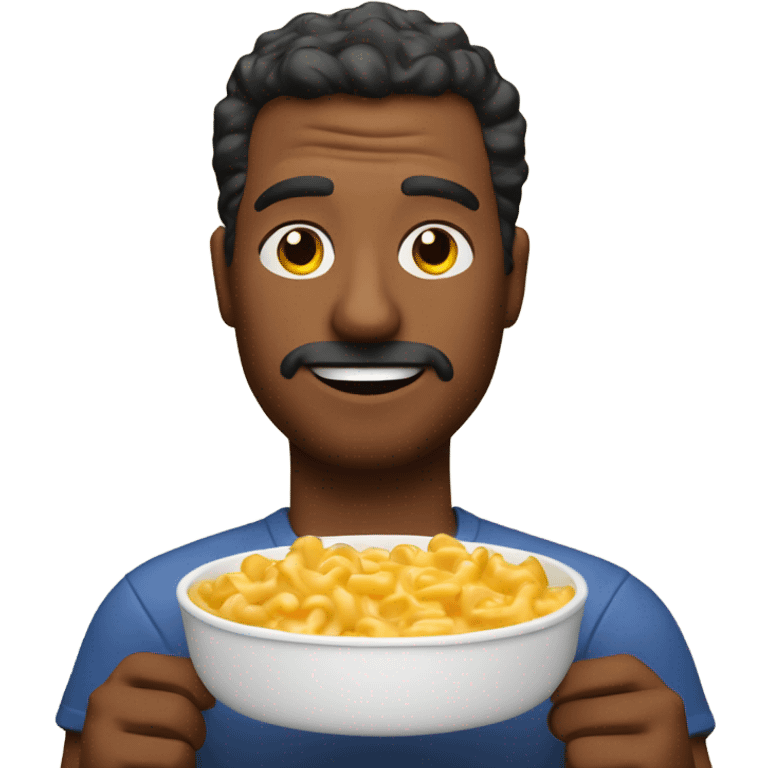 A nauseous man with a bowl of mac n cheese with ketchup  emoji