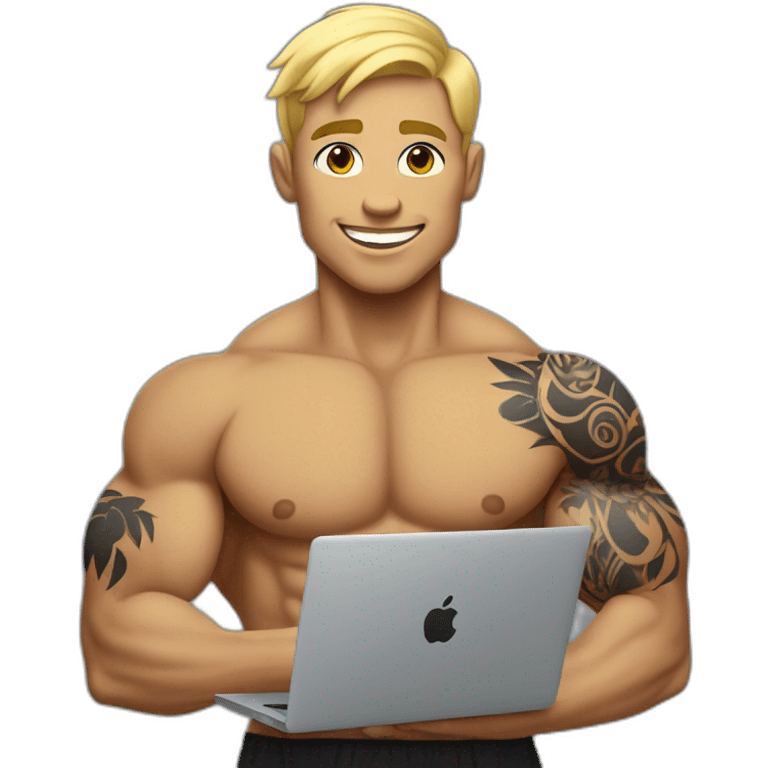 blonde, shorthair bodybuilder with many black hawaiin tattoos on his arms and macbook in his hand emoji