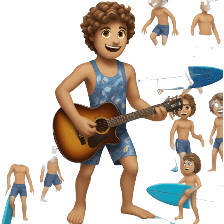 Boy with wavy brown hair and blue eyes surfing while playing guitar and wearing blue swim trunks  emoji