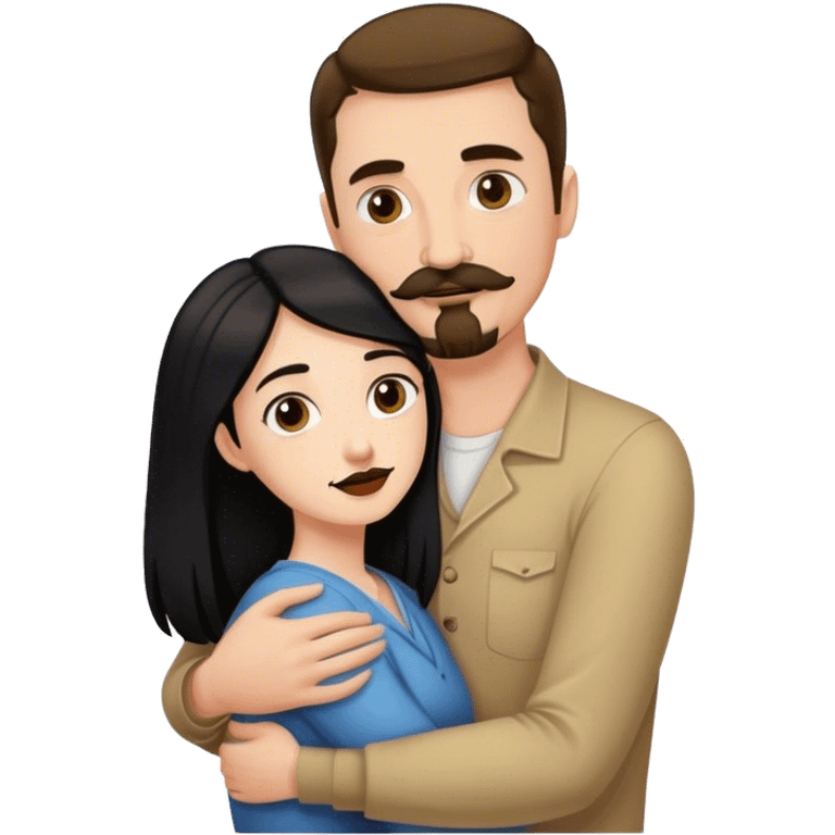 Tall white man with brown mustache goatee AND a short pale woman with long black hair, hugging emoji