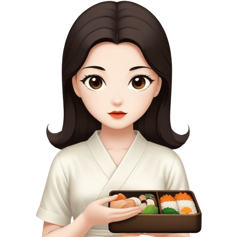 Beautiful woman in 1950’s woman fashion look, white dress, long dark brown hair, Japanese bento emoji