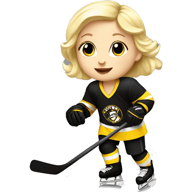 Baby girl with blond hair is playing ice hockey in black and white and yellow dress emoji