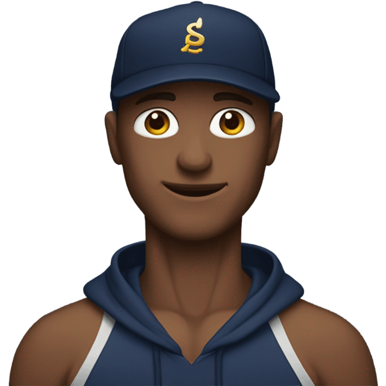 Man with muscles wearing a navy blue hoodie and hat  emoji