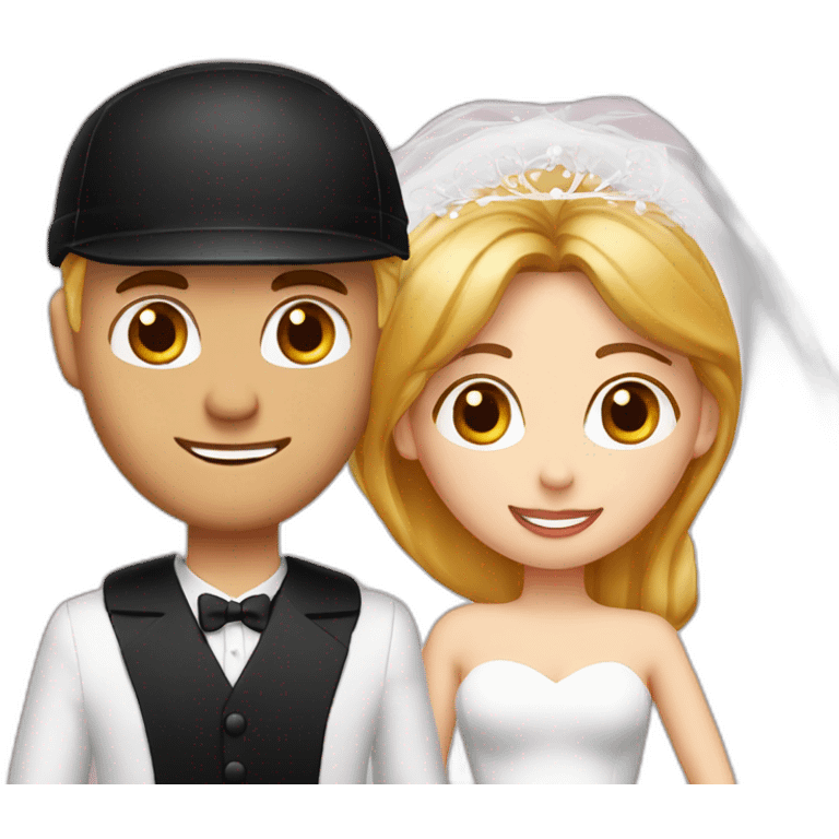 wedding couple blond man with black cap and white shirt, woman with medium red hair shirt with neckline emoji