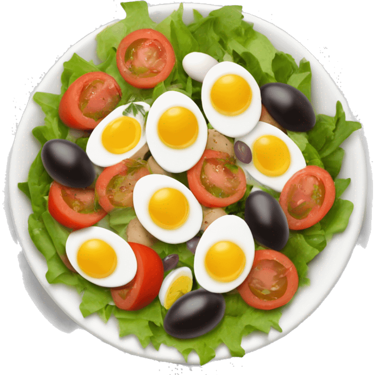 Salade niçoise emoji (a salad that originated in the French city of Nice. Made of tomatoes, hard-boiled eggs, olives, anchovies, olive oil, vinaigrette) emoji