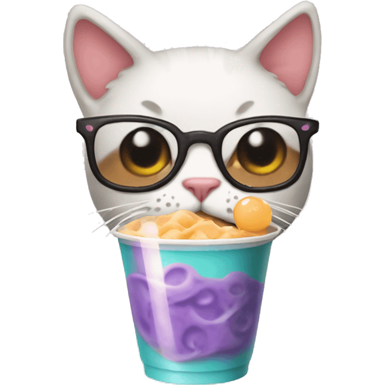 cat with a mustache and drinking bubble tea emoji