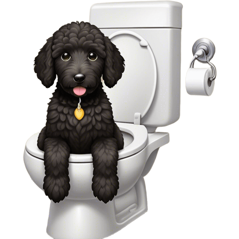 Black golden doodle with white spot on chest, sitting on toilet  emoji