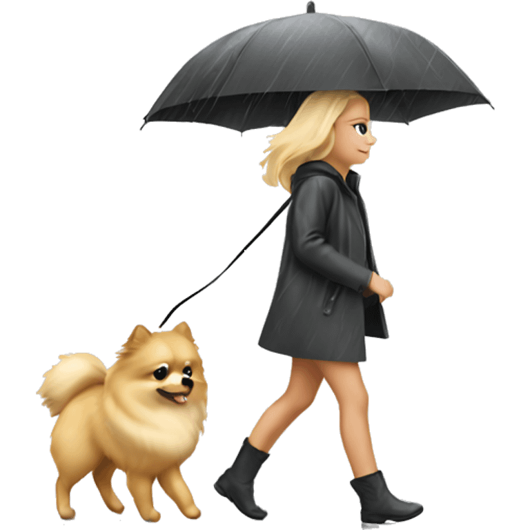 Blonde girl walking pomeranian under the rain emoji