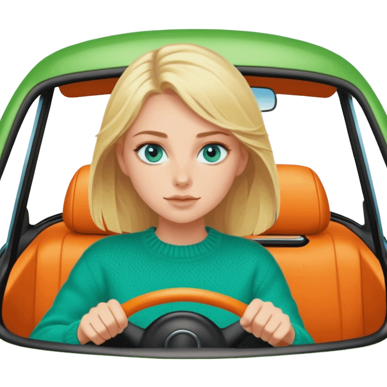 Cinematic realistic blonde with blue eyes, dressed in a green sweater, driving an orange car emoji