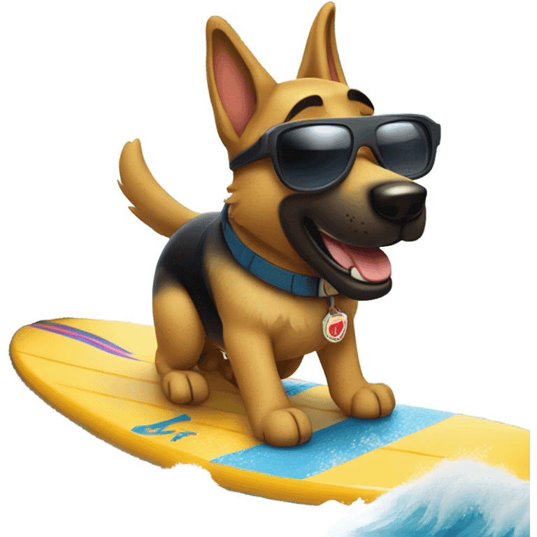 German shepherd with sunglasses surfing a big wave emoji