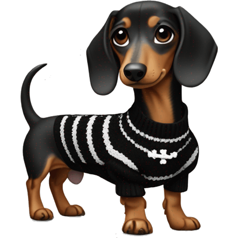 Dachshund wearing black and white Sweater with chanel logo  emoji