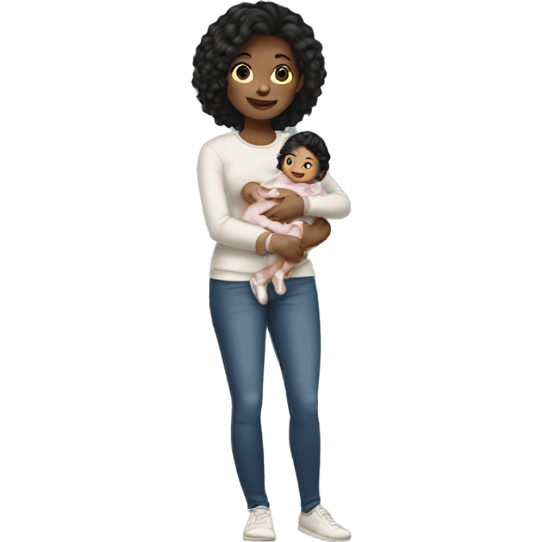 Black hair light skin girl holding baby emoji